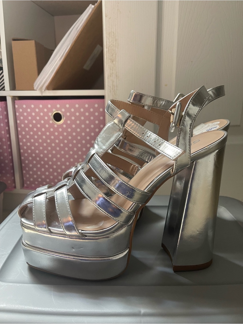 Soda Silver Strappy Platform Block Heel Sandals